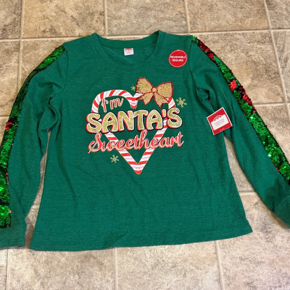 Holiday Time Girls Christmas Sweater Green Santa's Sweetheart Sequins XL 14-16 P